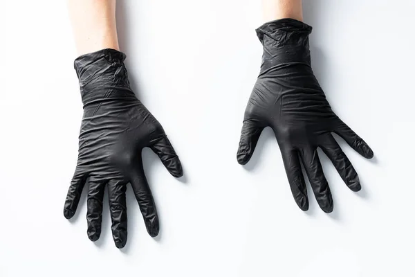Bovenaanzicht Van Handen Beschermende Handschoenen Witte Achtergrond — Stockfoto