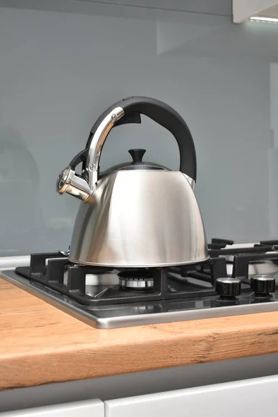 Close View Boiling Metal Kettle Stove Kitchen — Stock Photo, Image