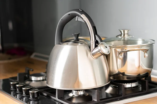 Close View Metal Kettle Boiling Steam Kitchen — Stock Photo, Image