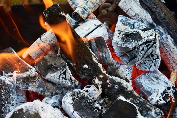 Vue Rapprochée Feu Brûlant Dans Cheminée — Photo