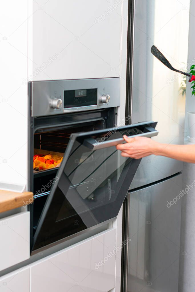 cropped shot of woman cooking delicious meal in oven