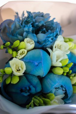 Gelin buketi: Güzel mavi şakayıklar ve beyaz yakın plan frezya.