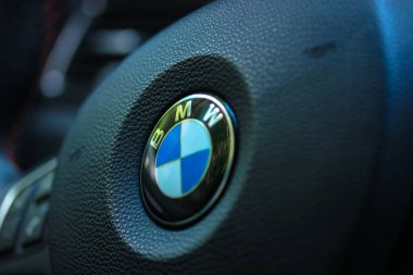 Arabada oturan ve direksiyonu tutan kişi: BMW logosu.