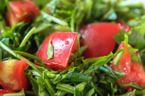 Salada Verão Com Verduras Sazonais Verdes Tomates Pepinos Temperos Comida — Fotografia de Stock