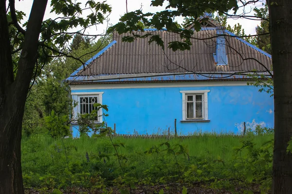 Velha Casa Azul Andar Com Duas Janelas Ucrânia Grama Verde — Fotografia de Stock