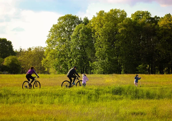 Autumn or late summer bike ride in the woods in the countryside away from the city. A big family rides bikes. — Stock Photo, Image