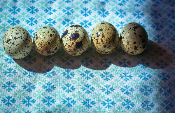 Quail eggs in large quantities on a blue background — Stock Photo, Image