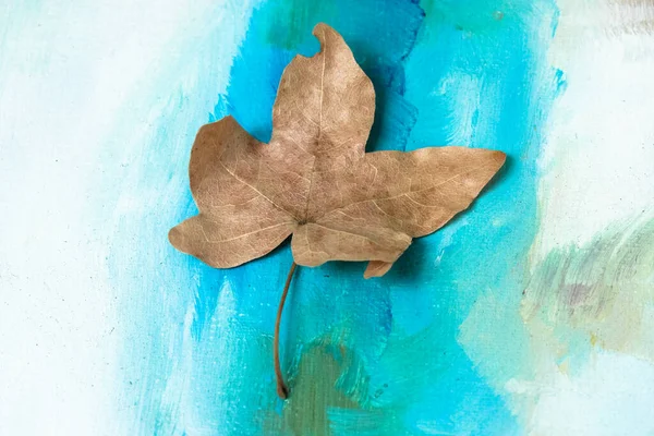 Autumn paints - dry autumn leaf on blue background, brush strokes on canvas