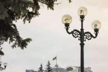 Ukrayna 'nın bayrağı kışın rüzgarda dalgalanıyor ve antik fenerler ve ön planda bir çam dalı..