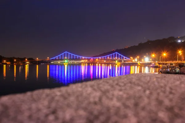 Beautiful Glowing Multicolored Bridge Night Kyiv Ukraine — Stock Photo, Image