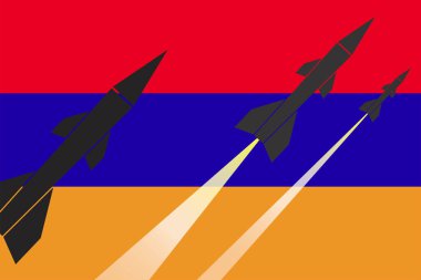 Ermenistan bayrağının arka planına füze fırlatma grafiği. Ermenistan-Azerbaycan çatışması 2020. Kafkas krizi. Ermenistan Azerbaycan 'a karşı. vektör EPS10.