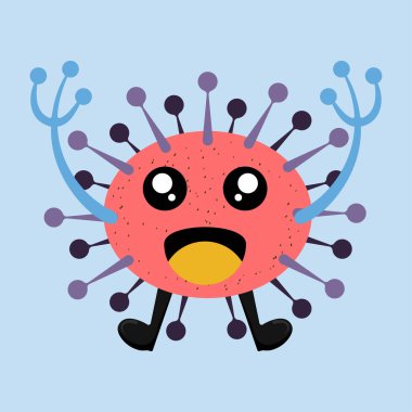 Açık mavi arkaplanda izole edilmiş şirin mutlu bakterilerin çizim vektörü. Bakteriyoloji konsept tasarımı. Düz dizaynlı şirin çizgi film mikrobu. Vektör illüstrasyonu EPS10.