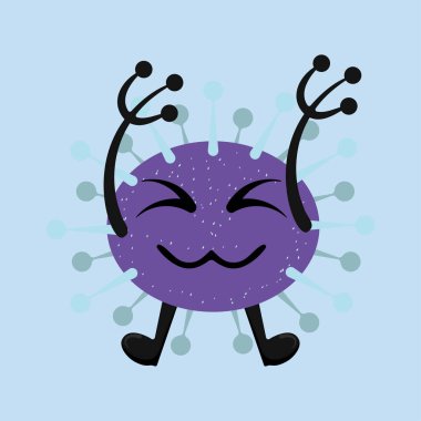 Açık mavi arkaplanda izole edilmiş şirin mutlu bakterilerin çizim vektörü. Bakteriyoloji konsept tasarımı. Düz dizaynlı şirin çizgi film mikrobu. Vektör illüstrasyonu EPS10.