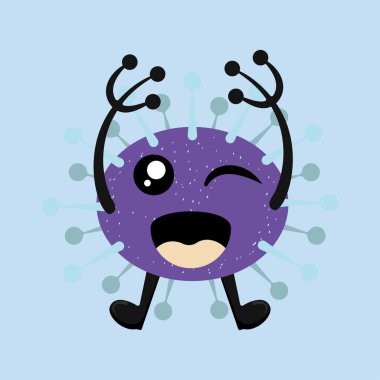 Açık mavi arkaplanda izole edilmiş şirin mutlu bakterilerin çizim vektörü. Bakteriyoloji konsept tasarımı. Düz dizaynlı şirin çizgi film mikrobu. Vektör illüstrasyonu EPS10.