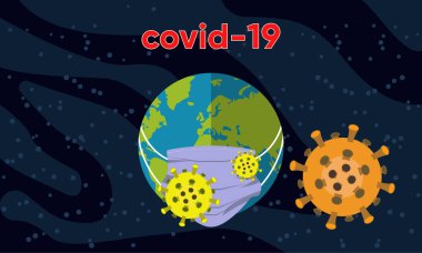Koyu mavi arka plandaki hastalıkları ve kovid 19 korona virüsünü önlemek için cerrahi maske takan yeryüzü görüntüsü grafiği. Coronavirüs salgını. Corona virüsünü durdurmak.
