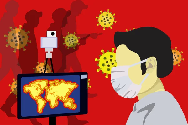 保健当局者のイラストベクトルグラフィックは コロナウイルスやCovid 19ウイルスをスキャンするために 熱スキャナーで中国から来た人々をチェックします ウイルス発生の概念を止めなさい 世界地図ベクトルEps10 — ストックベクタ