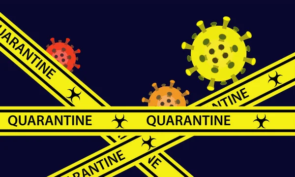 Illustrationsvektorgrafik Von Gelbem Quarantäneband Isoliert Und Covid Coronavirus Auf Dunkelblauem — Stockvektor