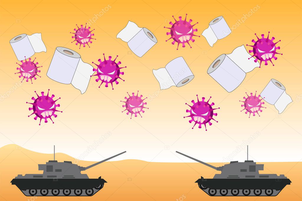 illustration vector graphic of coronavirus crisis and Caucasus crisis. Military war and conflict between Armenia and Azerbaijan - tanks are attacking and fighting during battle. vector EPS10.