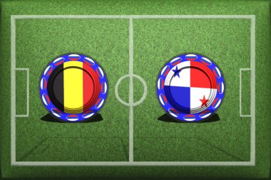 Futbol, Dünya Kupası 2018, oyun G Grubu, Belçika - Panama, Pazartesi, Haziran 18, düğme ile yeşil çimenlerin üzerinde ülke bayrakları.