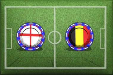 Futbol, Dünya Kupası 2018, oyun grubu G, İngiltere - Belçika, Perşembe, Haziran 28, düğme ile yeşil çimenlerin üzerinde ülke bayrakları.