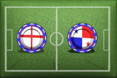 Futbol, Dünya Kupası 2018, oyun grubu G, İngiltere - Panama, Pazar, Haziran 24, düğme ile yeşil çimenlerin üzerinde ülke bayrakları.