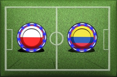 Futbol, Dünya Kupası 2018, oyun H Grubu, Polonya - Kolombiya, Pazar, Haziran 24, düğme ile yeşil çimenlerin üzerinde ülke bayrakları