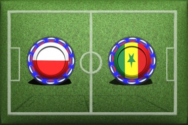 Futbol, Dünya Kupası 2018, oyun H Grubu, Polonya - Senegal, Salı, Haziran 19, düğme ile yeşil çimenlerin üzerinde ülke bayrakları.