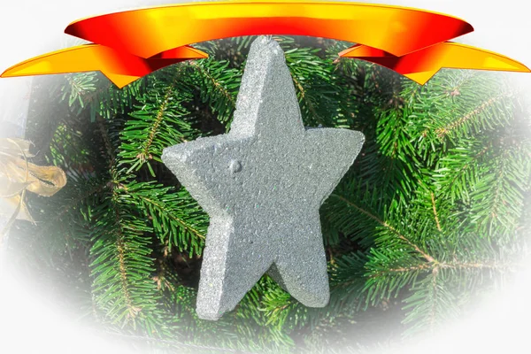 コピー スペース バナー上にクリスマス ツリーの Vignettiert のクリスマスの星を銀します — ストック写真