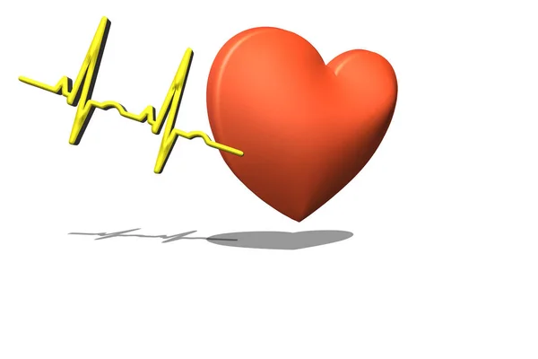 白地に赤いハート パルス率グラフ 心電図 レンダリング 心臓病の予防 — ストック写真