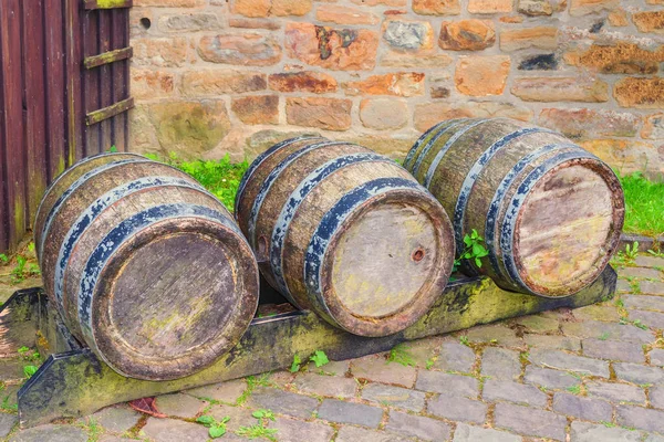 Oak barrel or wine barrel used to store beer and wine in a brewery.