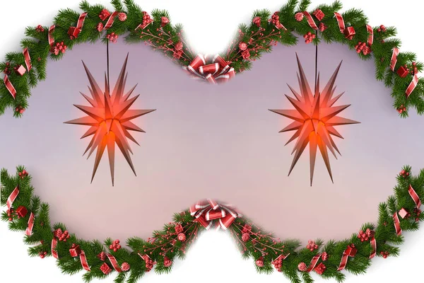 Ramos Árvore Natal Com Decoração Bagas Vermelhas Poinsettia Meio — Fotografia de Stock