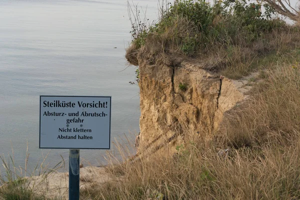 White Warning Sign Inscription German Beware Cliffs Baltic Sea Darss — Stock Photo, Image