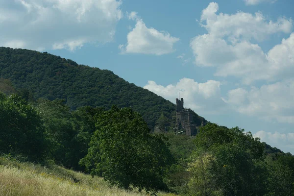 Utsikt Från Turistväg Hessen Land Till Ruine Burg Ehrenfels Floden — Stockfoto