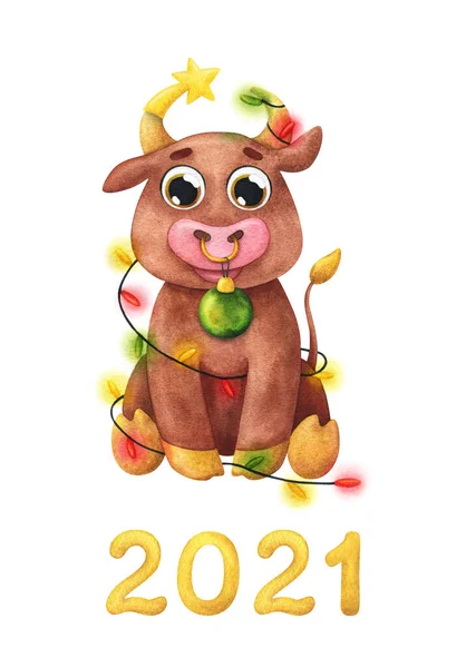 Year of the bull. Greeting card for the new year 2020. Watercolor illustration of a cute animal with a garland.Stock image on a white background.