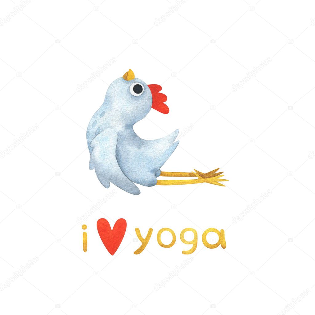 Funny white chicken in yoga poses. A set of watercolor illustrations with a bird in Bhujangasana (Cobra Pose) and the text 
