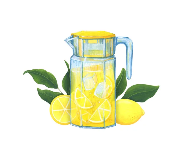 Домашний Лимонад Льдом Сочными Лимонами Композиция Белом Фоне Холодный Напиток — стоковое фото
