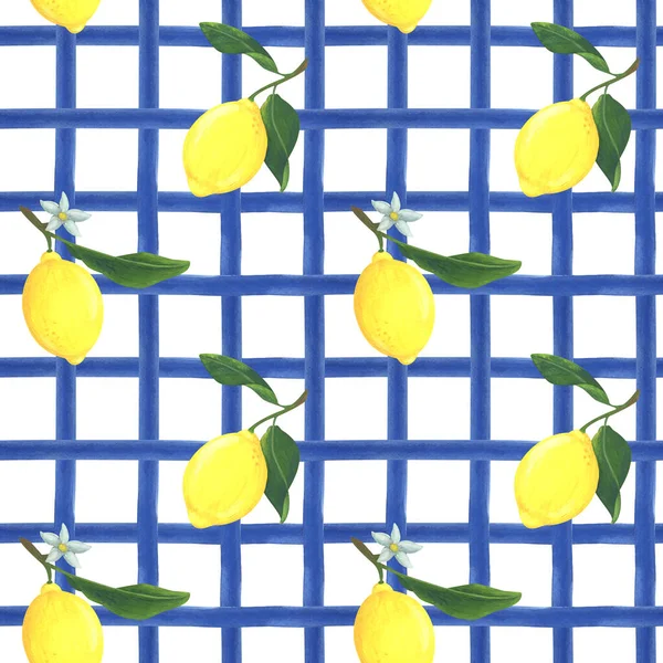 Бесшовный Рисунок Желтыми Лимонами Фоне Голубых Клеток Иллюстрация Гуашь Автора — стоковое фото