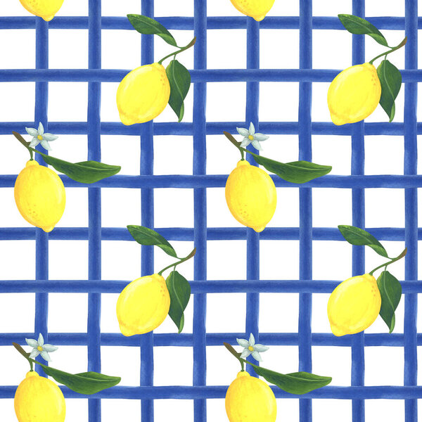Бесшовный рисунок с желтыми лимонами на фоне голубых клеток. Иллюстрация гуашь автора. Лето, цветной цитрусовый принт для волос, бумаги и любого дизайна. Изображение со склада.
.