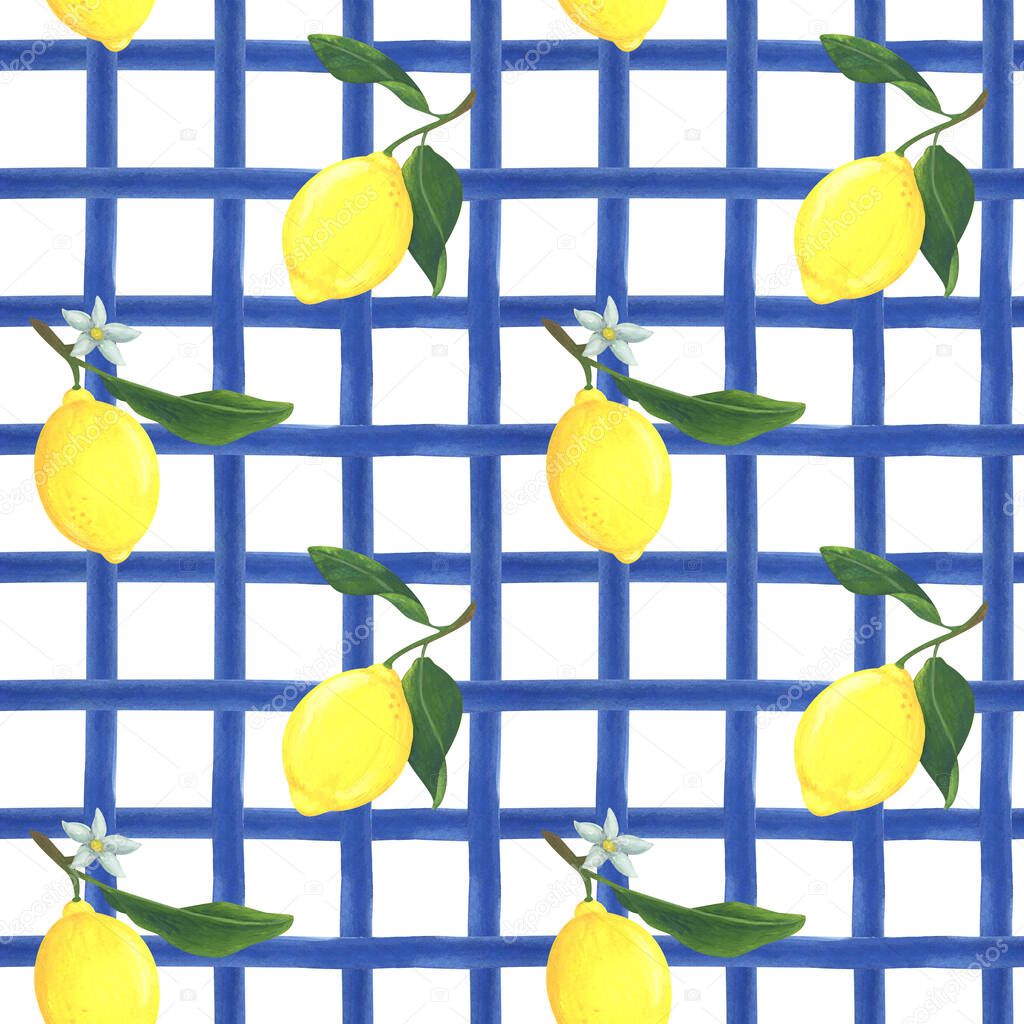 Seamless pattern with yellow lemons on a blue cell background. Author's gouache illustration. Summer, colorful citrus print for fabric, paper and any design. Stock image.Southern motives.