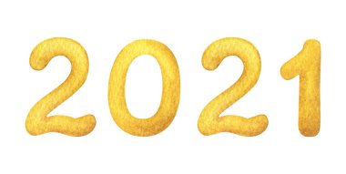 2021 numaralı sarı suluboya. Yeni yılın tasarımı için numaralar çiziyorum. Beyaz arkaplandaki izole tarih şablonu.