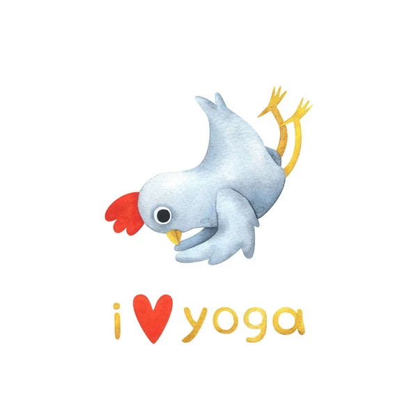Funny white chicken in yoga poses. Shal Shalabhasana (locust pose) and the text \