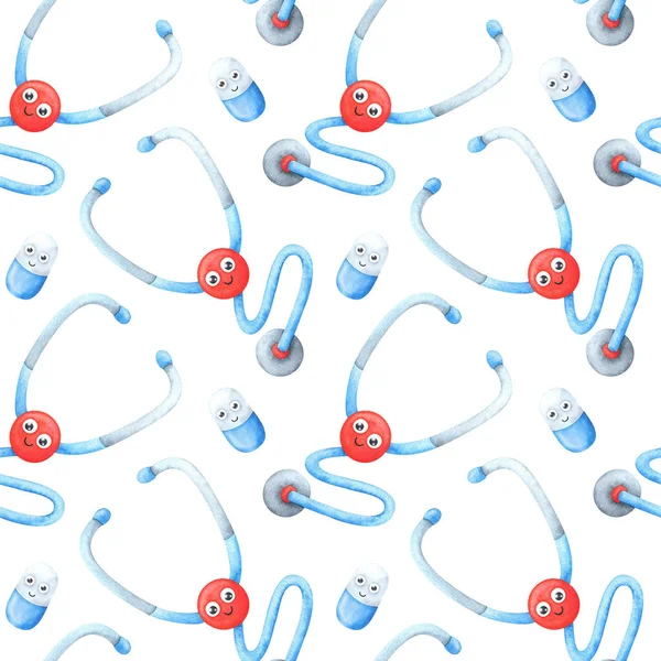 Ein Medizinisches Muster Mit Stethoskop Und Tabletten Nahtloser Hintergrund Mit — Stockfoto