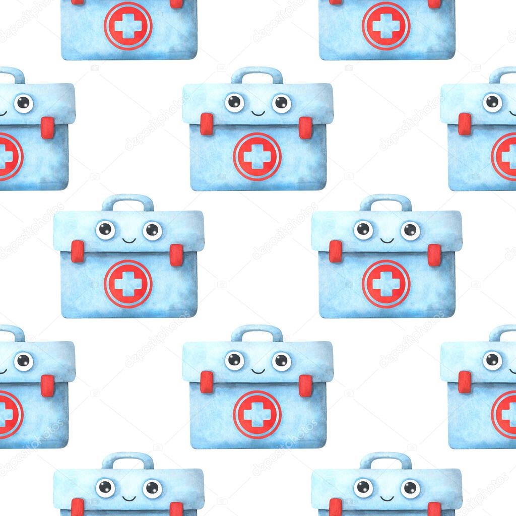 Seamless pattern with medical print. Blue first aid kit. Watercolor illustration on a white background. Cute, childlike character. Stock image.