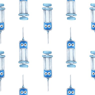 Aşıyla mavi şırınga. Tıbbî parmak iziyle kusursuz desen. Beyaz arkaplanda suluboya çizimi. Sevimli, çocuksu bir karakter. Resim yükle.