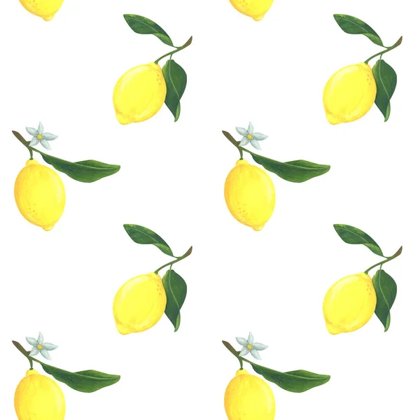 Сочные Желтые Лимоны Белом Фоне Бесшовный Рисунок Цитрусовыми Лето Дизайн — стоковое фото