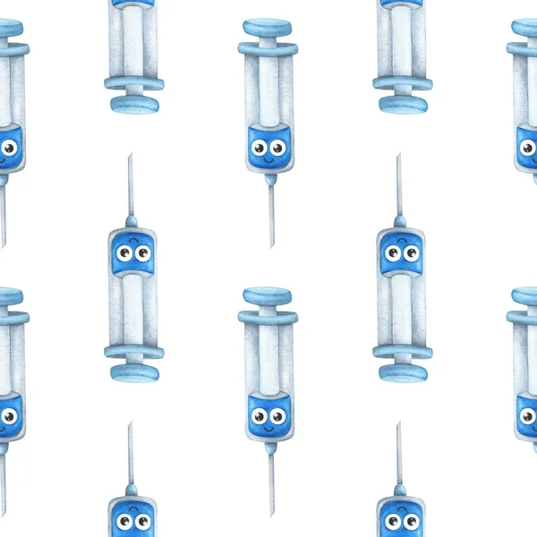 Modrá Injekční Stříkačka Vakcínou Bezešvý Vzor Lékařským Potiskem Obrázek Akvarelu — Stock fotografie