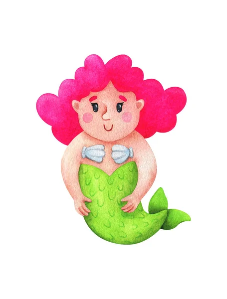 Sereia Dos Desenhos Animados Com Cabelo Rosa Ilustração Aquarela Das — Fotografia de Stock