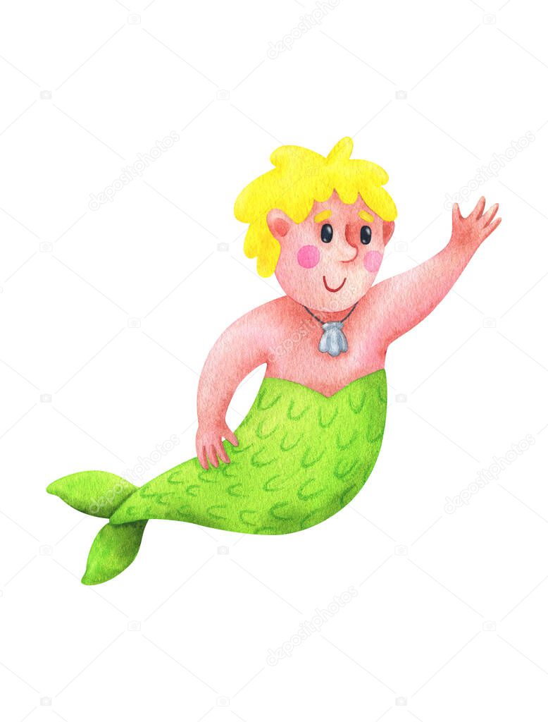 Cartoon male mermaid with yellow hair. Children's watercolor illustration of a fairy-tale character. Bodie is a positive guy. Stock image isolated on a white background. Cute print with Triton.