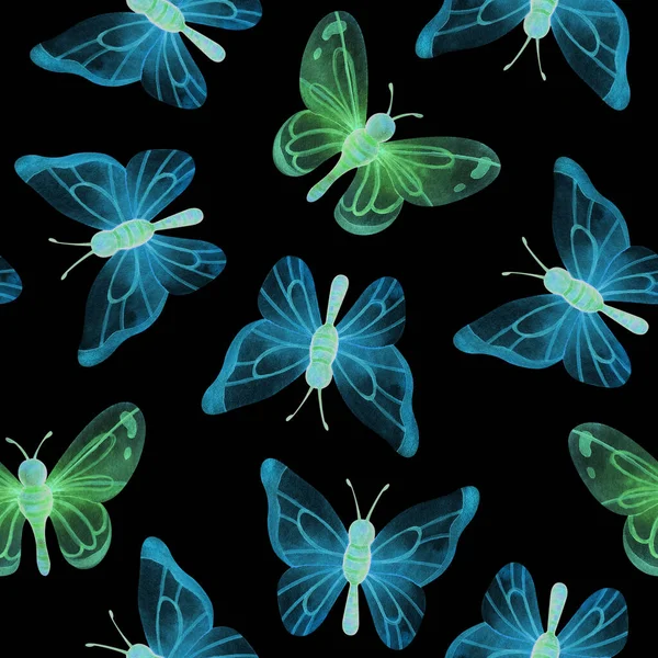 Blauwe Groene Vlinders Schattig Naadloos Patroon Met Aquarelillustraties Neon Insecten — Stockfoto