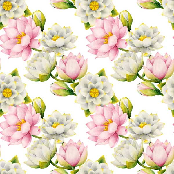 Seerose Nahtloses Muster Mit Grünen Blättern Weißen Und Rosa Blüten — Stockfoto